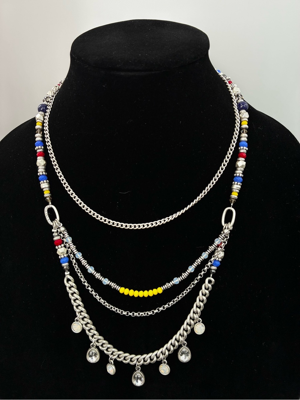 Premier Designs Layered Silver Multi-Bead Necklace with Yellow Accents. NEW